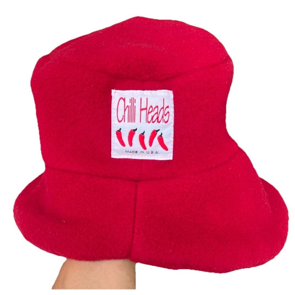 Vintage Chill Heads Red Fleece Bucket Hat Chili Pepper Made USA 90s Y2K Novelty